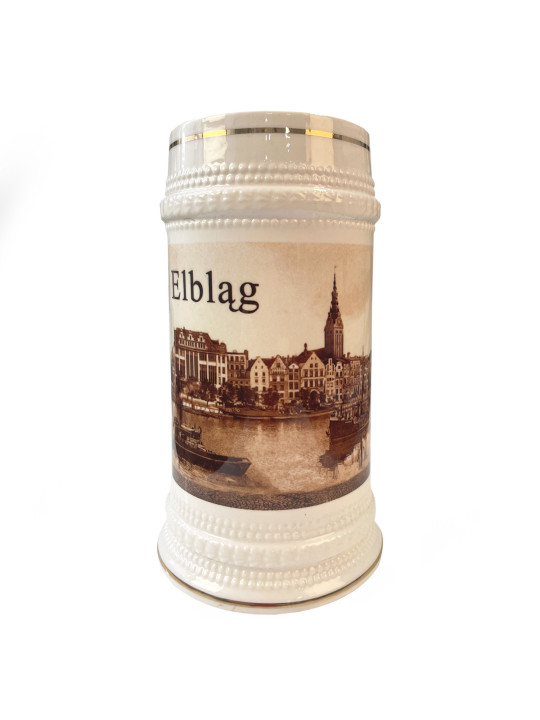 Kufel biały ze złotym ornamentem nadruk Elbląg